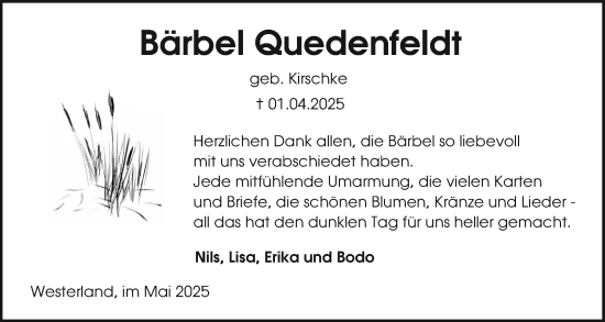 Traueranzeige von Bärbel Quedenfeldt von Sylter Rundschau