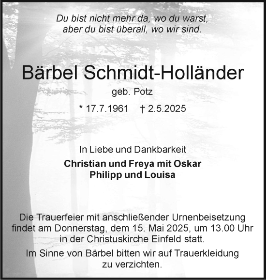 Traueranzeige von Bärbel Schmidt-Holländer von Holsteinischer Courier