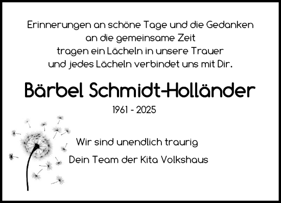 Traueranzeige von Bärbel Schmidt-Holländer von Holsteinischer Courier