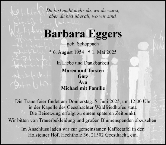 Traueranzeige von Barbara Eggers von Wochenend Anzeiger