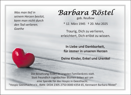 Traueranzeige von Barbara Röstel von Wochenend Anzeiger
