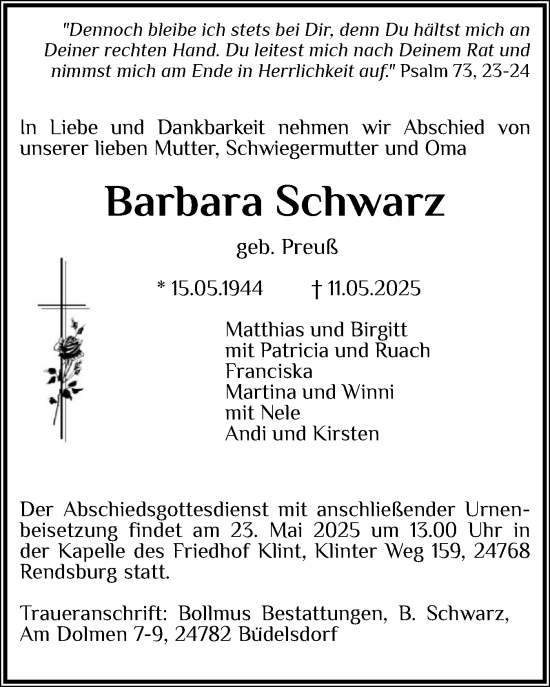Traueranzeige von Barbara Schwarz von Norddeutsche Rundschau, Wilstersche Zeitung, Glückstädter Fortuna