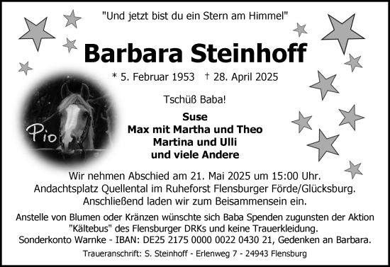 Traueranzeige von Barbara Steinhoff von Region Flensburg