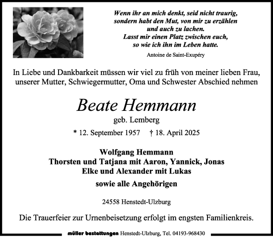 Traueranzeige von Beate Hemmann von Umschau