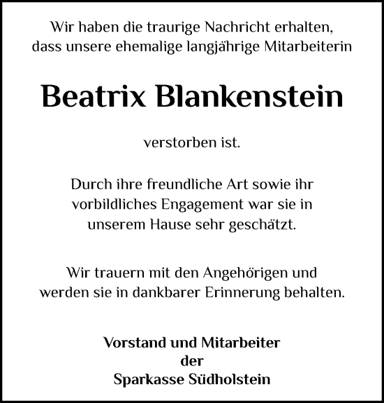 Traueranzeige von Beatrix Blankenstein von Holsteinischer Courier