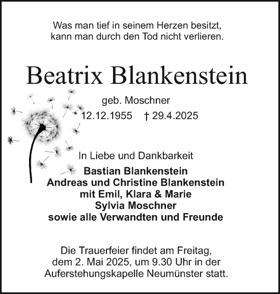 Traueranzeige von Beatrix Blankenstein von Holsteinischer Courier