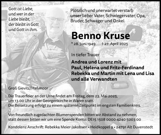 Traueranzeige von Benno Kruse von Schleswig-Holsteinische Landeszeitung