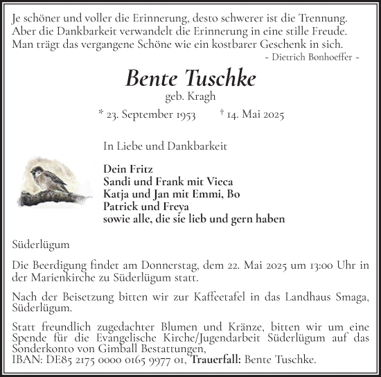 Traueranzeige von Bente Tuschke von Husumer Nachrichten, Nordfriesland Tageblatt