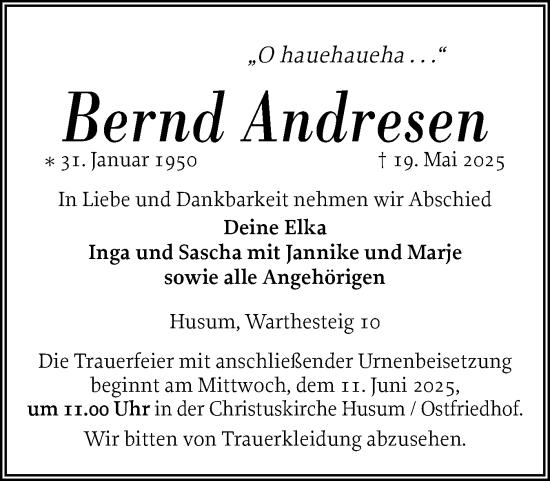 Traueranzeige von Bernd Andresen von Husumer Nachrichten, Nordfriesland Tageblatt