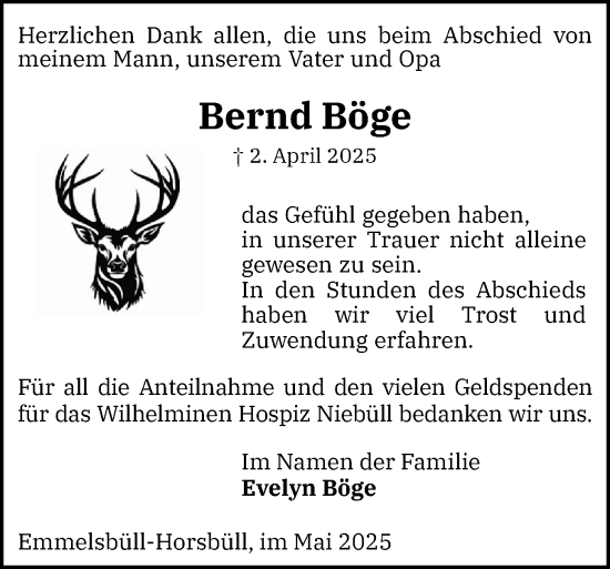 Traueranzeige von Bernd Böge von Husumer Nachrichten, Nordfriesland Tageblatt