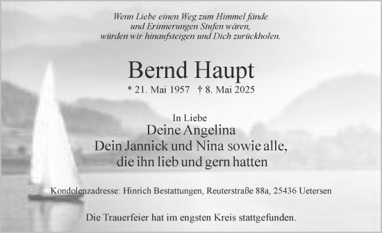 Traueranzeige von Bernd Haupt von Uetersener Nachrichten, Der tip am Wochenende