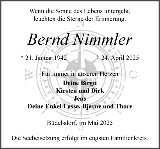 Traueranzeige von Bernd Nimmler von Schleswig-Holsteinische Landeszeitung