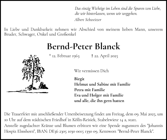 Traueranzeige von Bernd-Peter Blanck von Elmshorner Nachrichten, Barmstedter Zeitung
