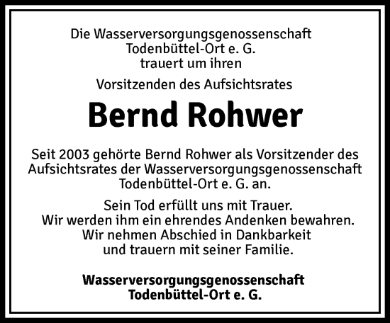 Traueranzeige von Bernd Rohwer von Schleswig-Holsteinische Landeszeitung