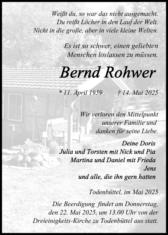 Traueranzeige von Bernd Rohwer von Schleswig-Holsteinische Landeszeitung