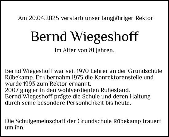 Traueranzeige von Bernd Wiegeshoff von Region Pinneberg und tip Pinneberg