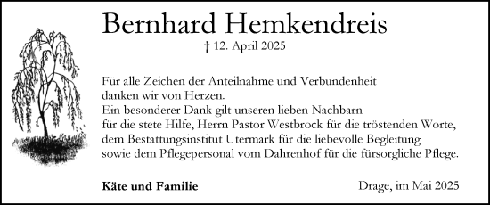 Traueranzeige von Bernhard Hemkendreis von Husumer Nachrichten, Nordfriesland Tageblatt