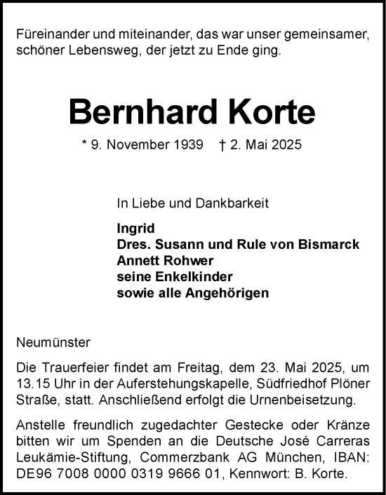 Traueranzeige von Bernhard Korte von Holsteinischer Courier