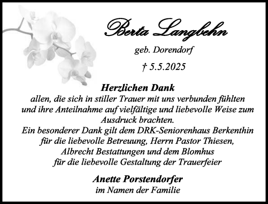 Traueranzeige von Berta Langbehn von MARKT Ratzeburg/Mölln