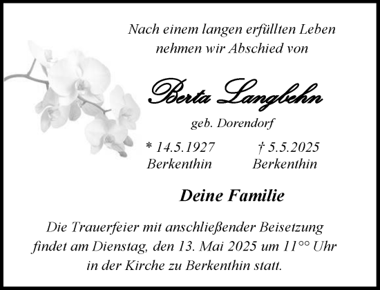 Traueranzeige von Bertha Langbehn von MARKT Ratzeburg/Mölln