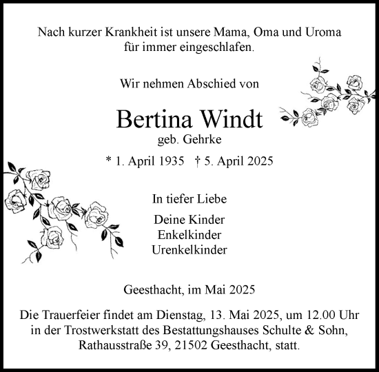 Traueranzeige von Bertina Windt von Wochenend Anzeiger