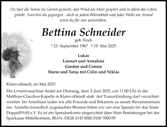Traueranzeige von Bettina Schneider von Schleswig-Holsteinische Landeszeitung