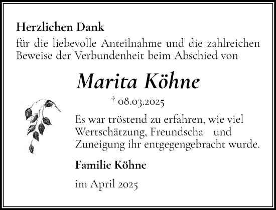 Traueranzeige von Marita Köhne von Norddeutsche Rundschau, Wilstersche Zeitung, Glückstädter Fortuna