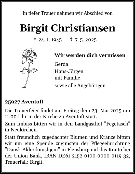 Traueranzeige von Birgit Christiansen von Husumer Nachrichten, Nordfriesland Tageblatt