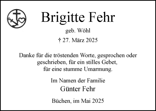 Traueranzeige von Brigitte Fehr von Wochenend Anzeiger