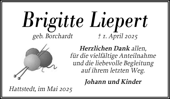 Traueranzeige von Brigitte Liepert von Husumer Nachrichten, Nordfriesland Tageblatt