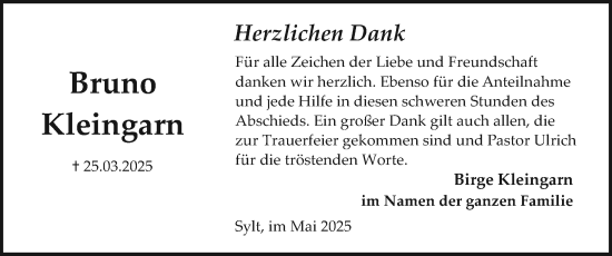 Traueranzeige von Bruno Kleingarn von Sylter Rundschau