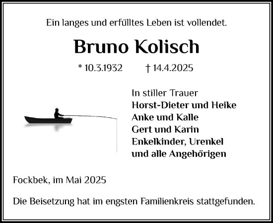Traueranzeige von Bruno Kolisch von Schleswig-Holsteinische Landeszeitung