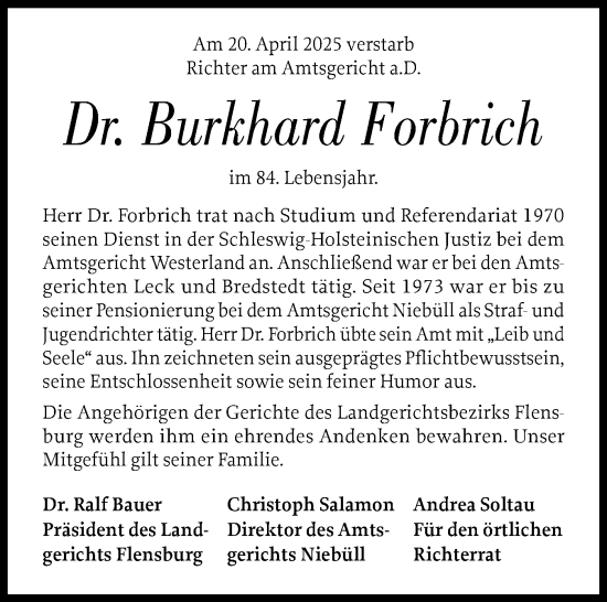 Traueranzeige von Burkhard Forbrich von Flensburger Tageblatt