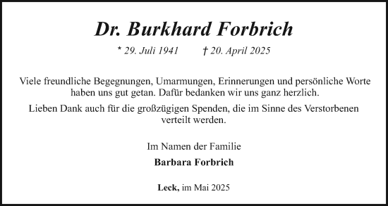 Traueranzeige von Burkhard Forbrich von Husumer Nachrichten, Nordfriesland Tageblatt