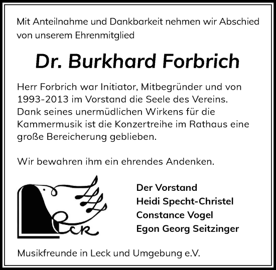 Traueranzeige von Burkhard Forbrich von Husumer Nachrichten, Nordfriesland Tageblatt