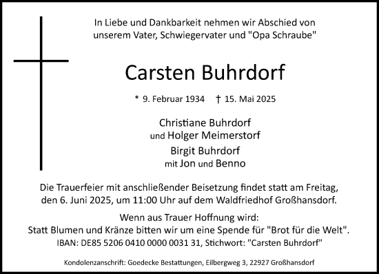 Traueranzeige von Carsten Buhrdorf von MARKT Ahrensburg/Bargteheide/Trittau und Stormarner Tageblatt