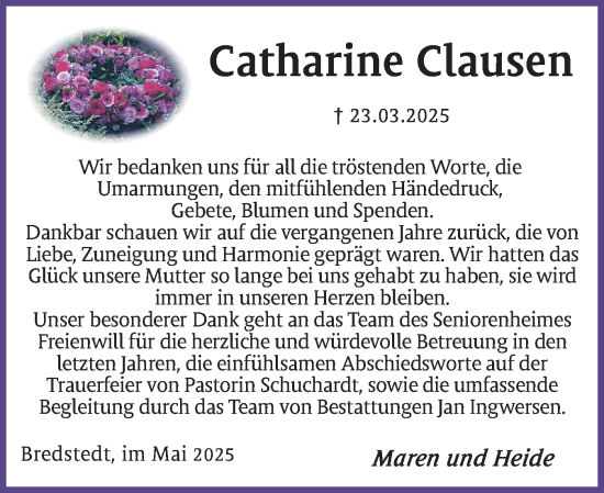 Traueranzeige von Catharine Clausen von Region Westküste