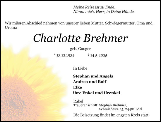 Traueranzeige von Charlotte Brehmer von Schleswiger Nachrichten, Schlei-Bote