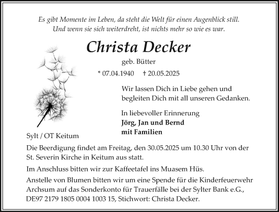 Traueranzeige von Christa Decker von Sylter Rundschau