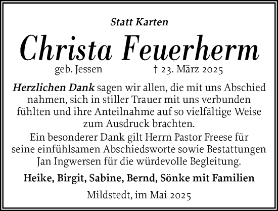 Traueranzeige von Christa Feuerherm von Region Flensburg
