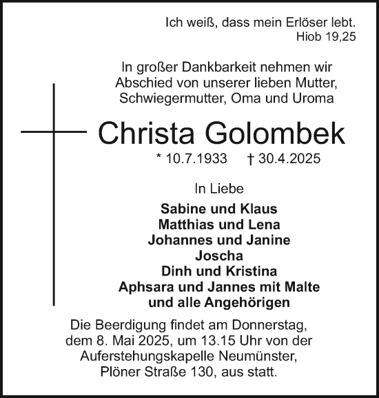 Traueranzeige von Christa Golombek von Holsteinischer Courier