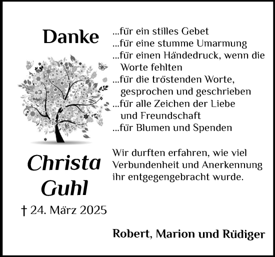 Traueranzeige von Christa Guhl von Eckernförder Zeitung, Hallo Eckernförde