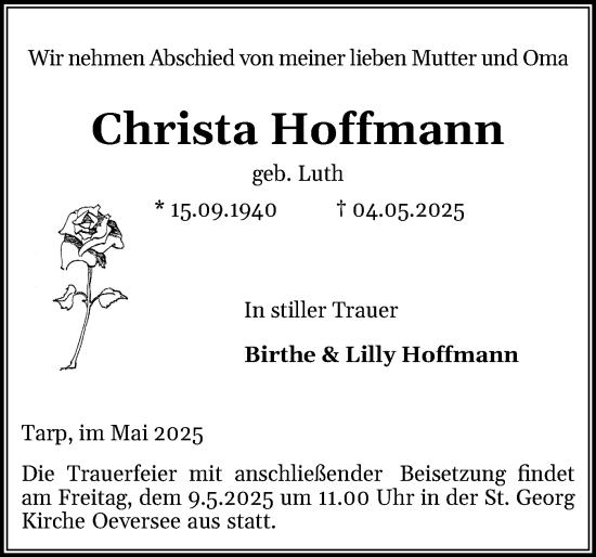 Traueranzeige von Christa Hoffmann von Flensburger Tageblatt
