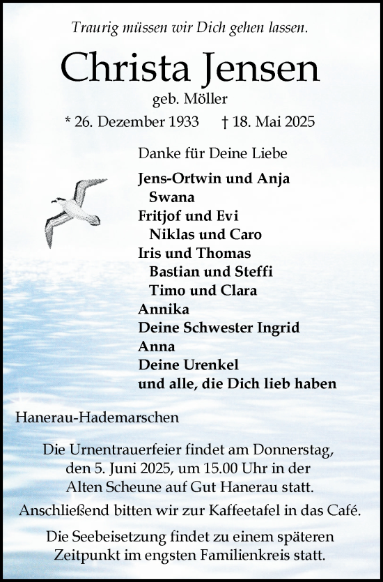 Traueranzeige von Christa Jensen von Schleswig-Holsteinische Landeszeitung