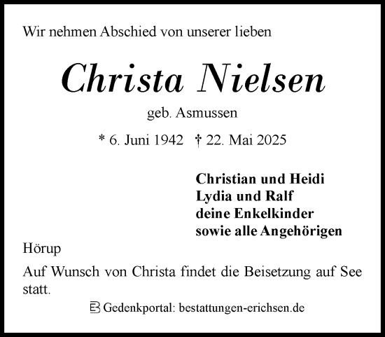 Traueranzeige von Christa Nielsen von Flensburger Tageblatt