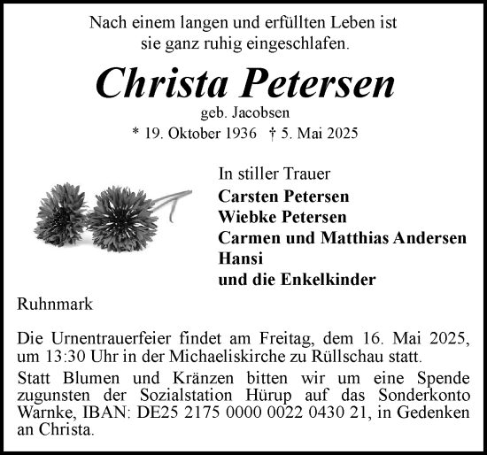 Traueranzeige von Christa Petersen von Flensburger Tageblatt