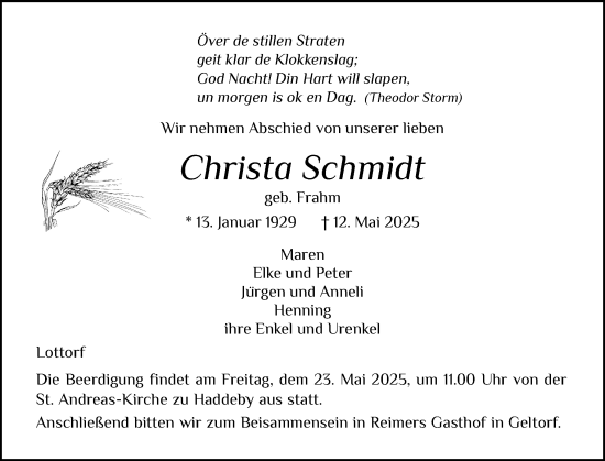 Traueranzeige von Christa Schmidt von Schleswiger Nachrichten, Schlei-Bote