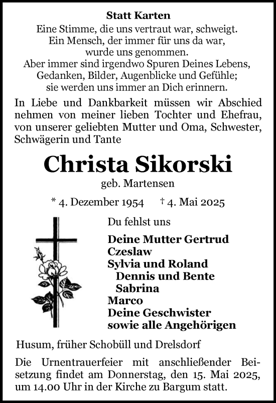 Traueranzeige von Christa Sikorski von Husumer Nachrichten, Nordfriesland Tageblatt