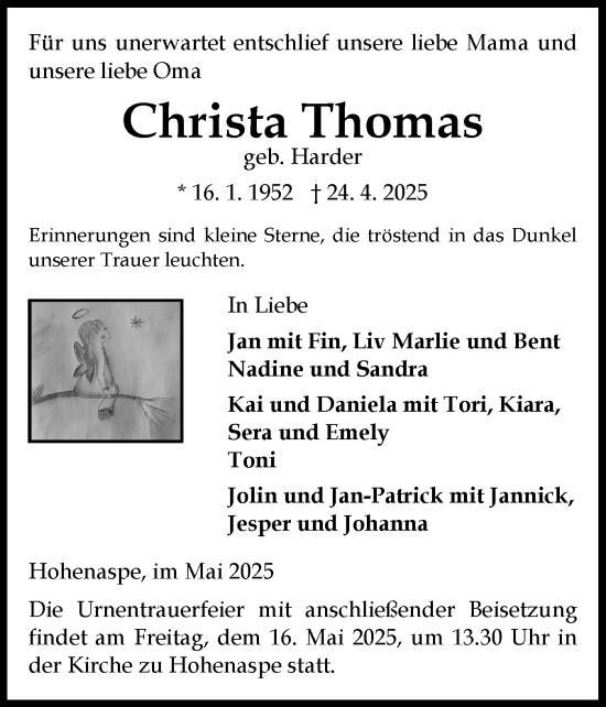 Traueranzeige von Christa Thomas von Norddeutsche Rundschau, Wilstersche Zeitung, Glückstädter Fortuna