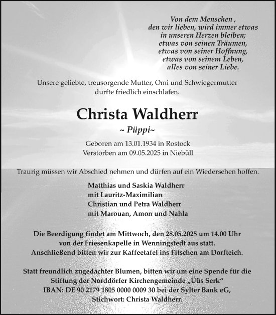Traueranzeige von Christa Waldherr von Sylter Rundschau